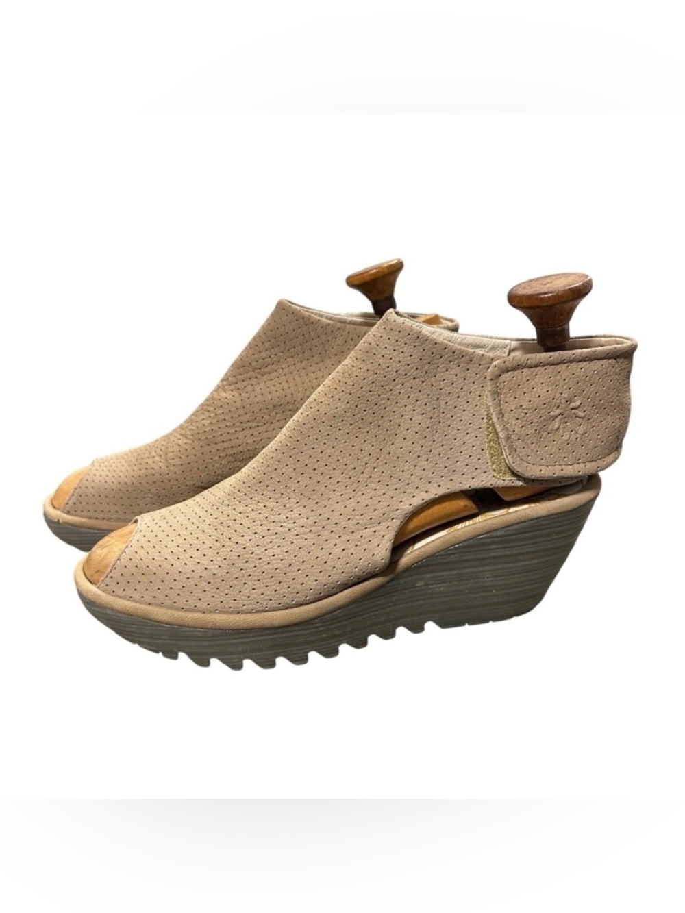 Fly London Perforated Ypul Wedge Peep Toe Booties Tan Suede Women's Shoes Sz 40